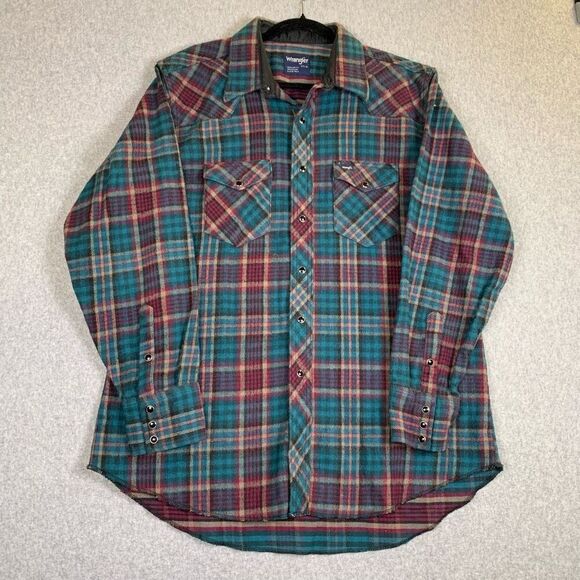 Wrangler Mens Size 17.5 Button Front Shirt Green Red Plaid Long Tails Pocket - Picture 1 of 7